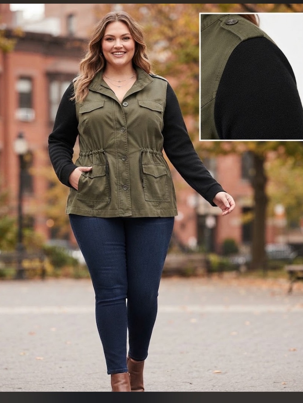 torrid Pre-Loved Olive & Black Utility Jacket with Knit Sleeves